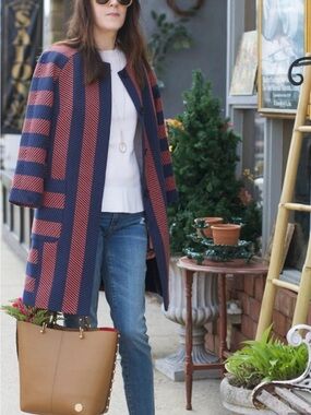 Ann Taylor Blue Orange Stripe Long Coat Petite Button Front
Fall Retro Small XS